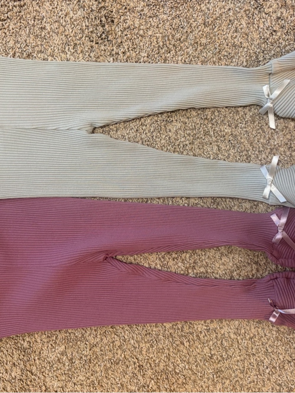 Kids Ribbed Leggings with Bow Detail - Mauve and Light Gray